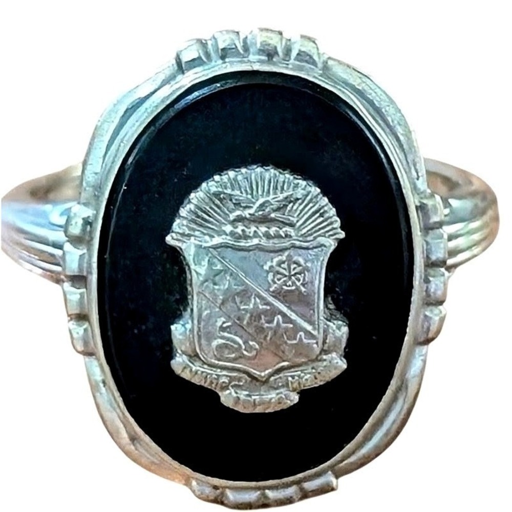 Vintage Sigma Kappa Onyx Crest Signet Ring 12K White Gold Sorority Coat of Arms